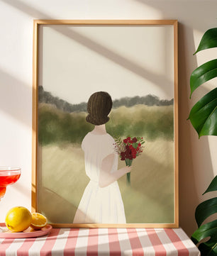 Woman in White Dress Holding Bouquet Facing Nature