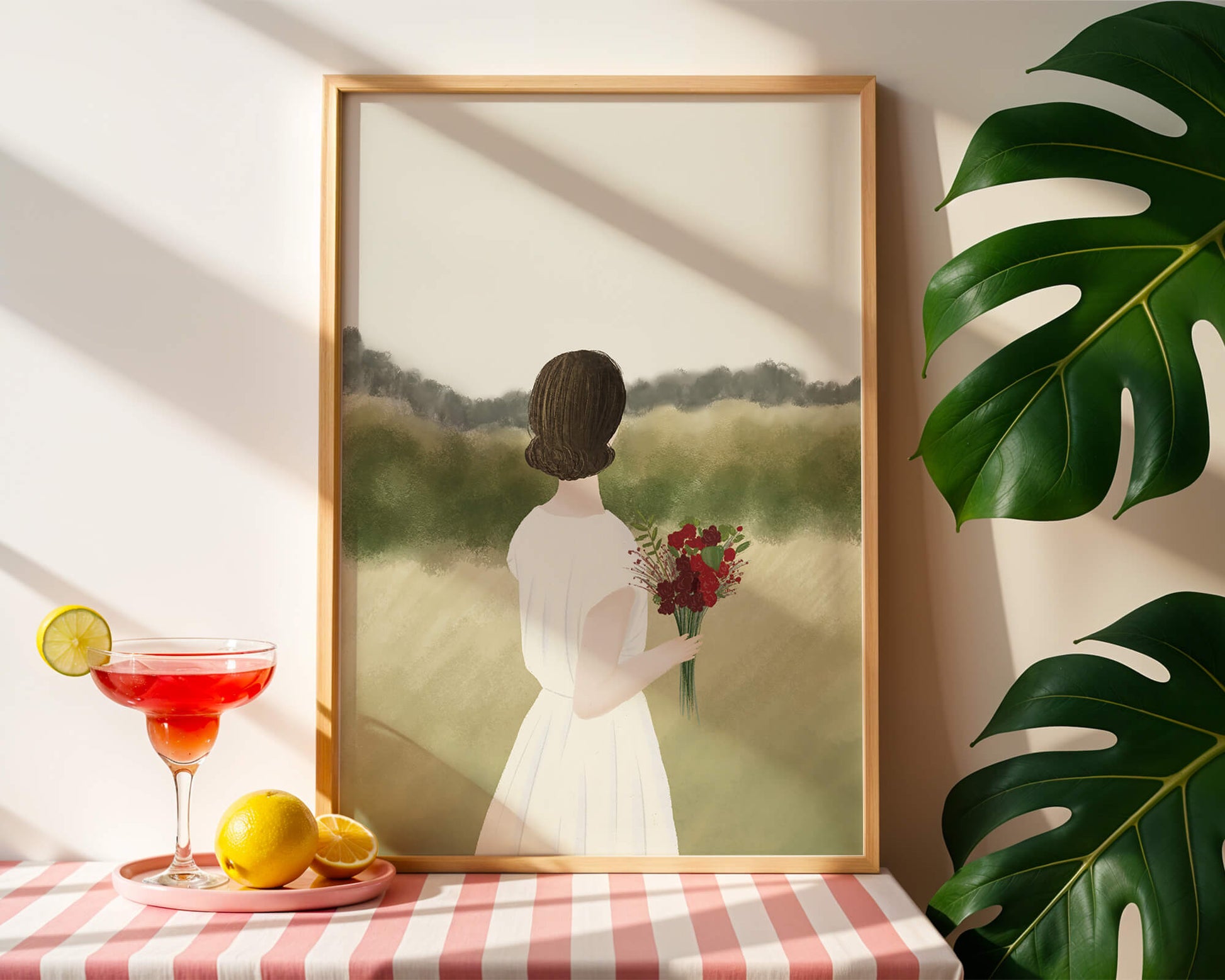 Woman in White Dress Holding Bouquet Facing Nature