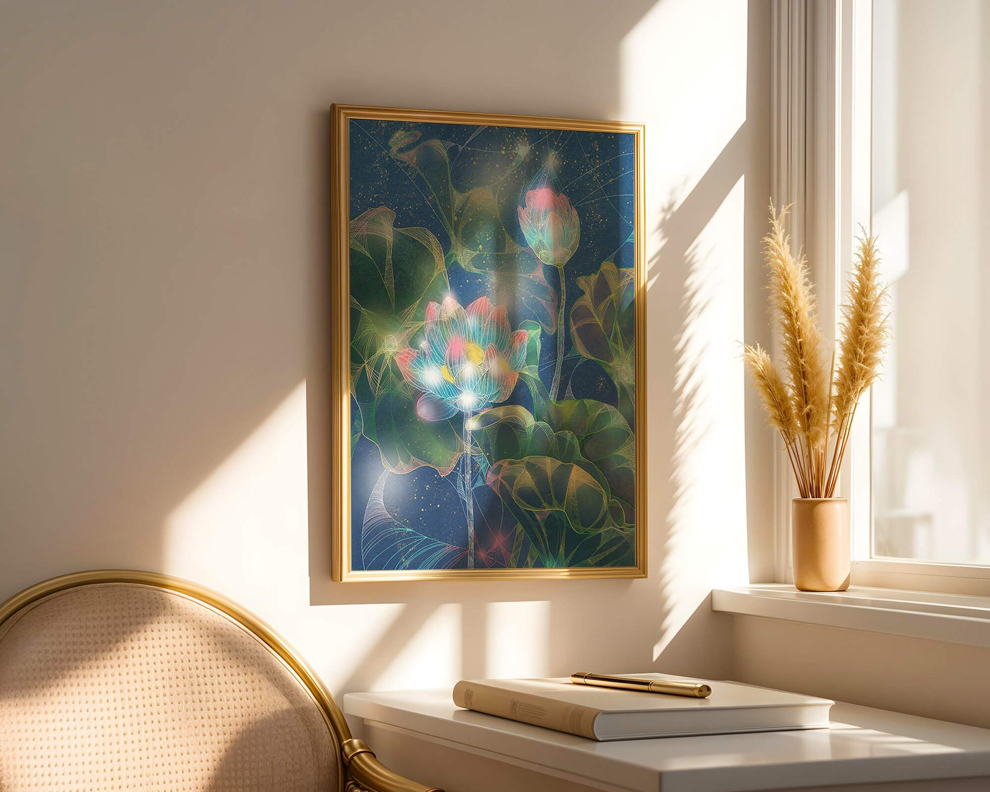 Bunte Lotusblumen mit abstraktem kosmischen Hintergrund
