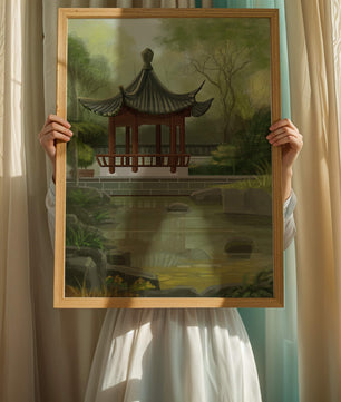 Tranquil Asian garden scene with traditional pagoda and serene pond