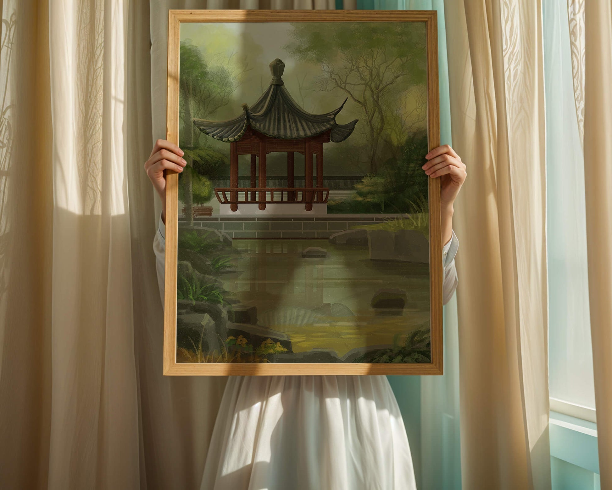 Tranquil Asian garden scene with traditional pagoda and serene pond