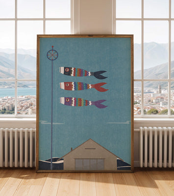 Colorful Koi Nobori Fish Flags Against Blue Sky
