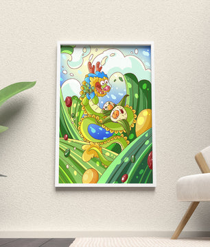 Dragon de dessin animé coloré avec des boulettes dans un paysage fantastique