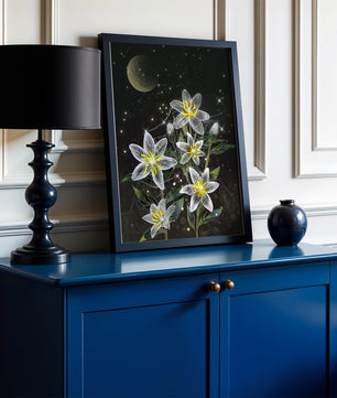 Floral Night Scene with Luminous Flowers and Golden Moon