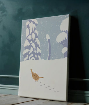 Winter landscape with pheasant walking through snowy forest