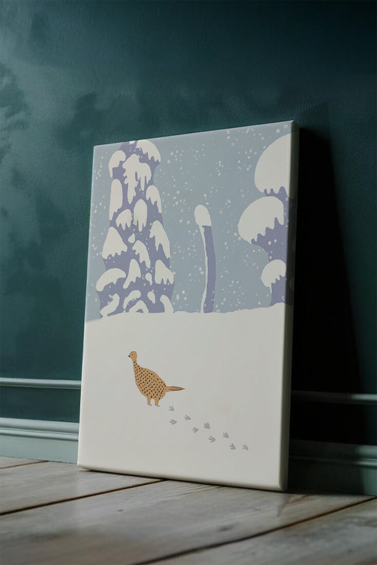 Winter landscape with pheasant walking through snowy forest
