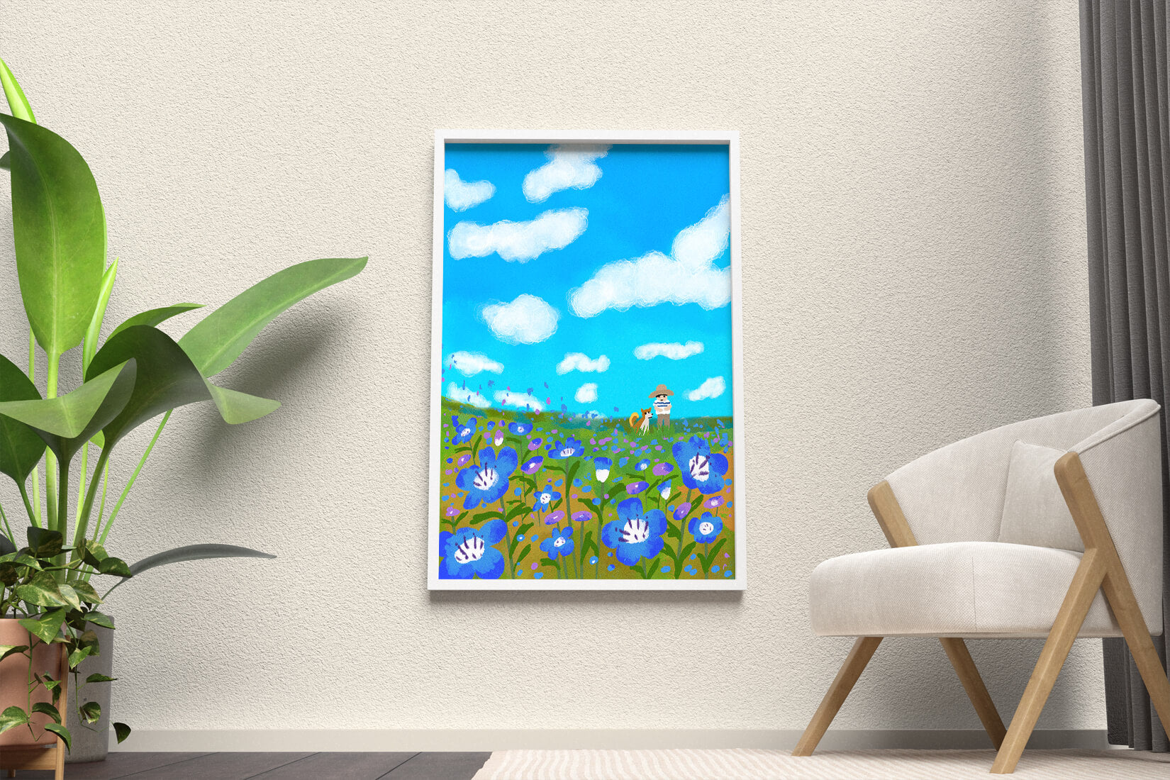 Man and dog in vibrant flower meadow under blue sky