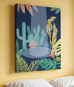 Ilustración botánica colorida con cactus y hojas tropicales