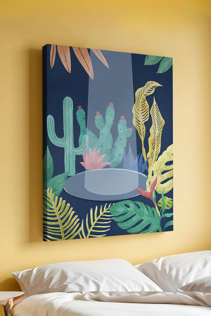 Colorful botanical illustration featuring cacti and tropical leaves