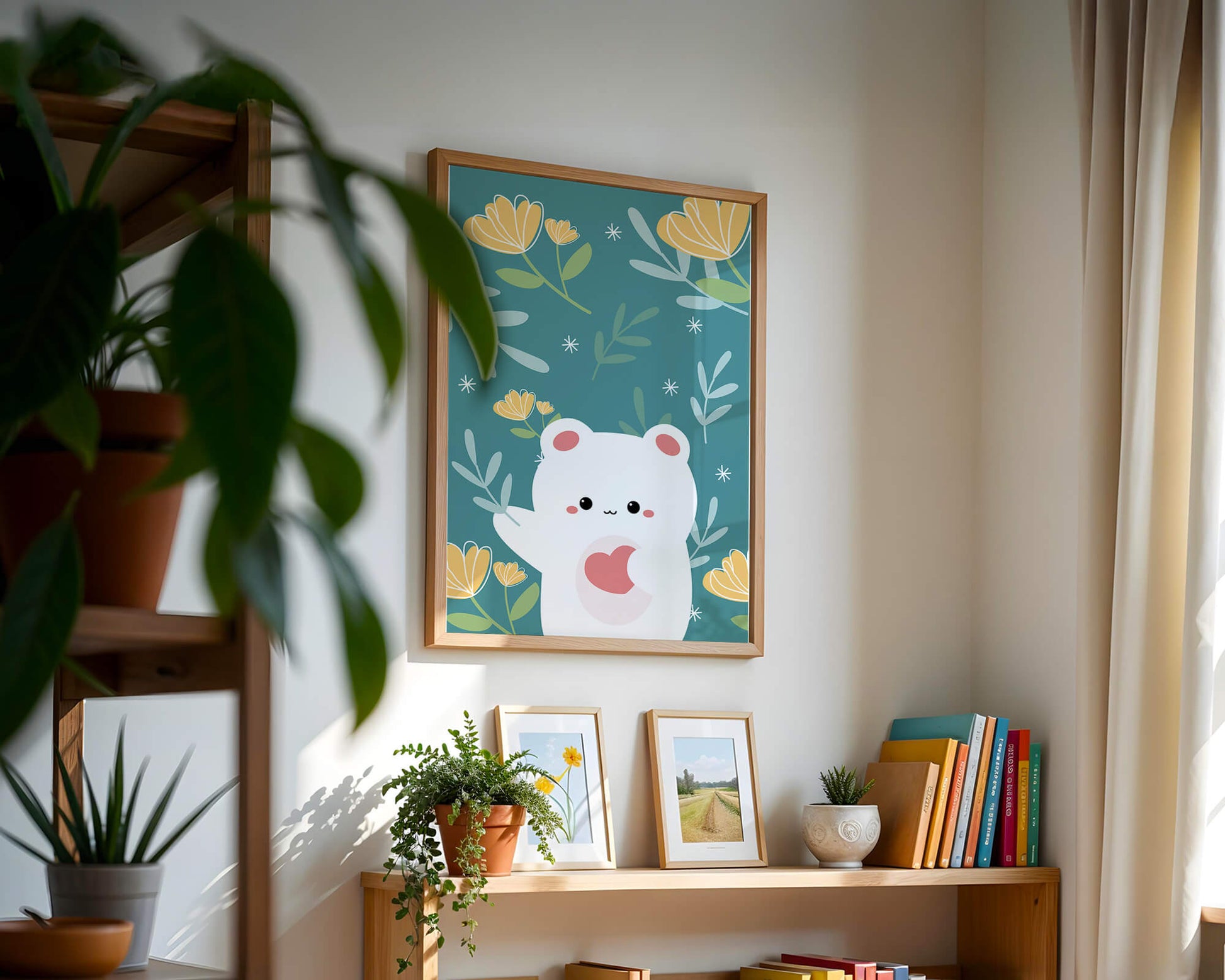 Adorable bear with heart surrounded by whimsical floral elements