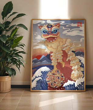 Traditionelle chinesische Löwentanzkunst mit malerischem Hintergrund