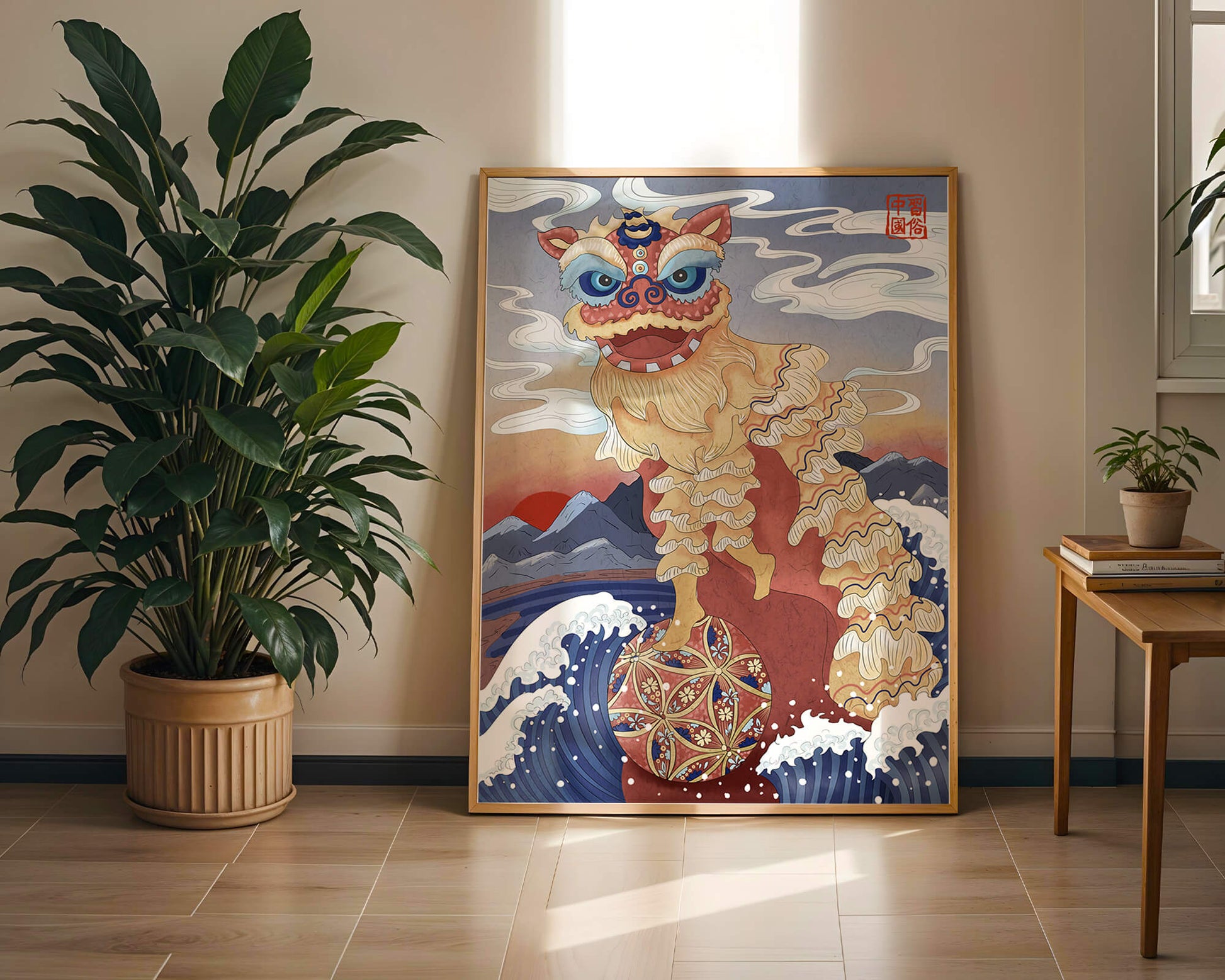 Traditionelle chinesische Löwentanzkunst mit malerischem Hintergrund