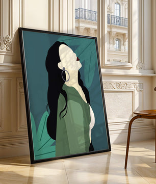 Stylized artwork of a woman with dark hair and earrings against a tropical leaf backdrop