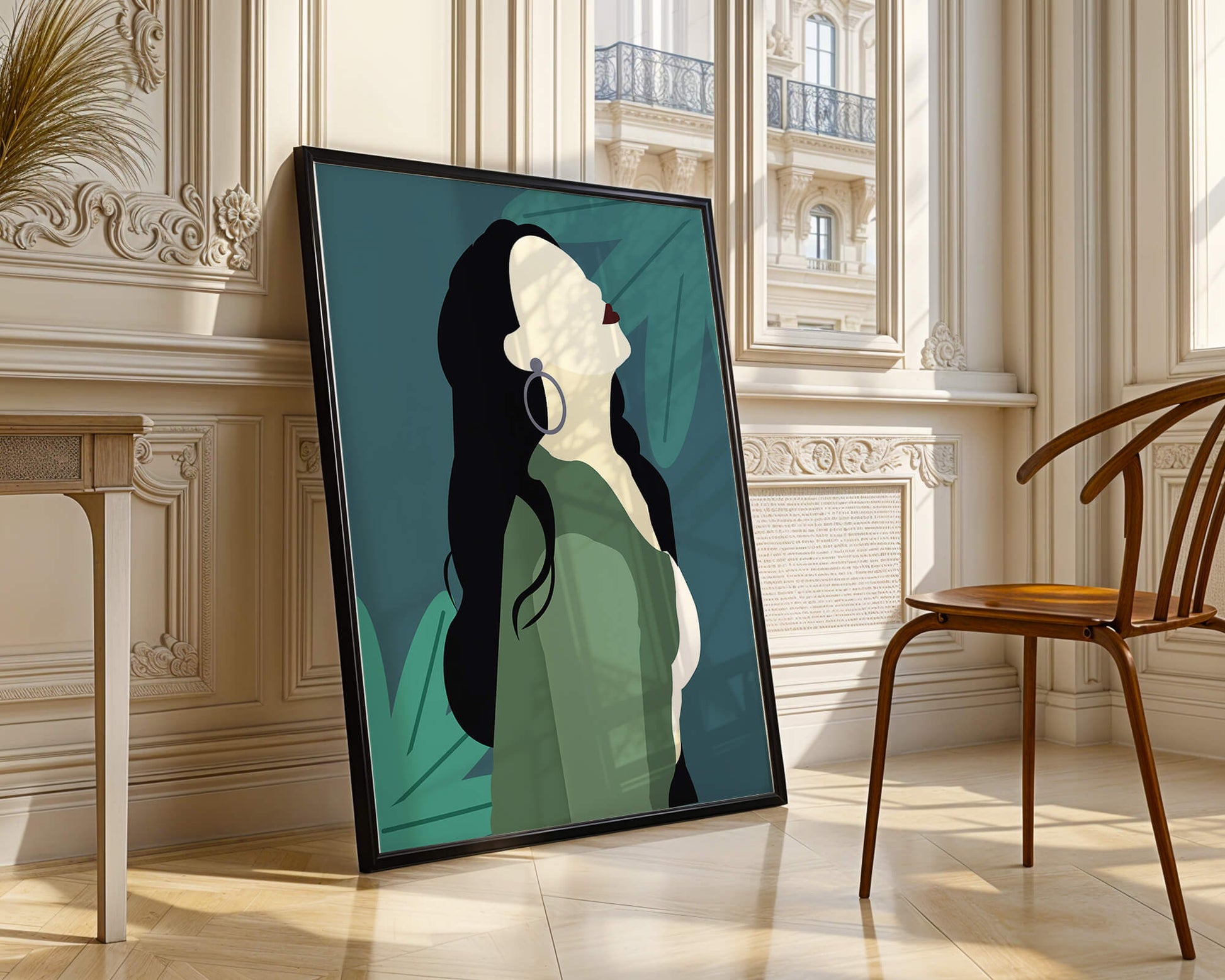 Stylized artwork of a woman with dark hair and earrings against a tropical leaf backdrop