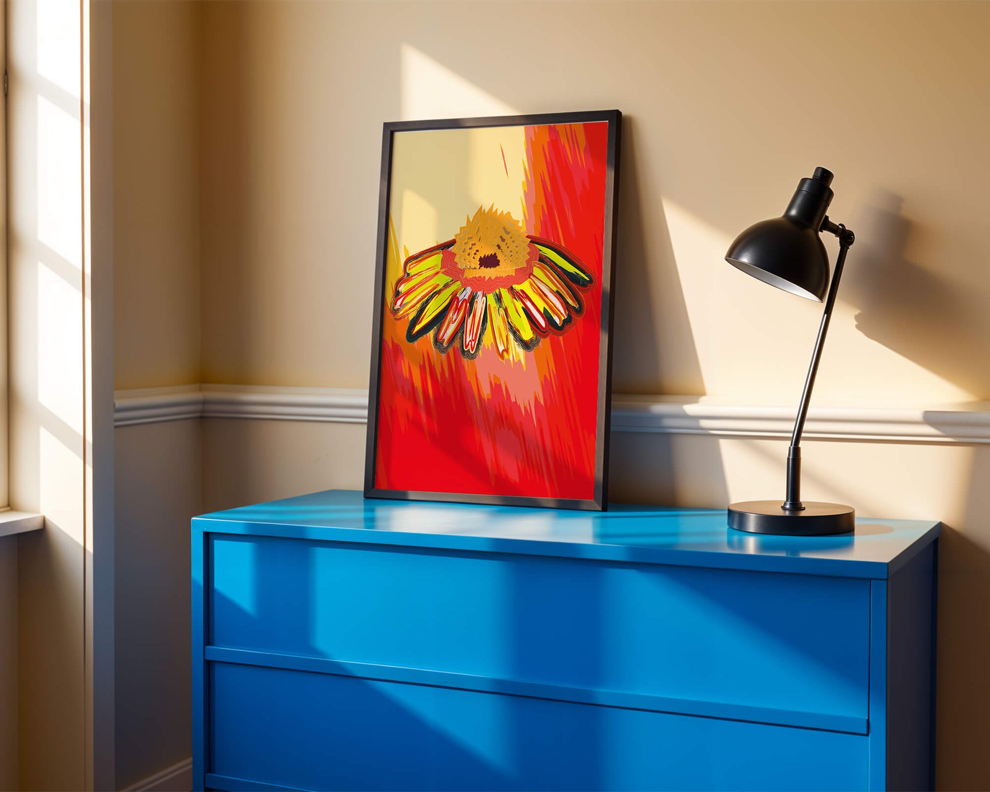 Abstract vibrant flower illustration with bold colors and dynamic strokes