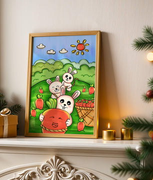 Illustration de lapins espiègles avec des carottes dans un champ ensoleillé