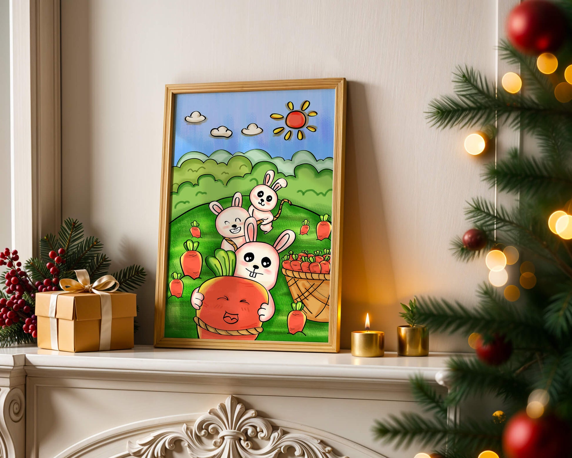 Illustration de lapins espiègles avec des carottes dans un champ ensoleillé