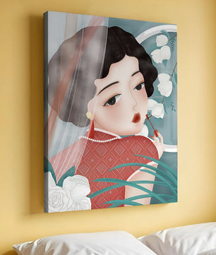 Elegant Asian Woman in Red Dress with White Roses and Pearls