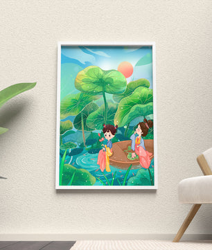 Charming illustration of children on a boat in a lush lotus pond
