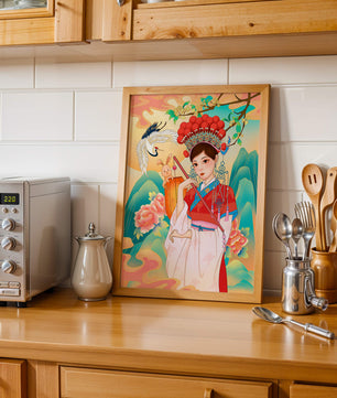 Elegante traditionelle chinesische Illustration mit einer Frau in lebendiger Kleidung mit Blumen- und Tiermotiven