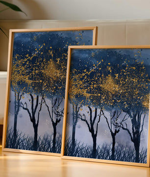 Mystical forest landscape with gold splatter art