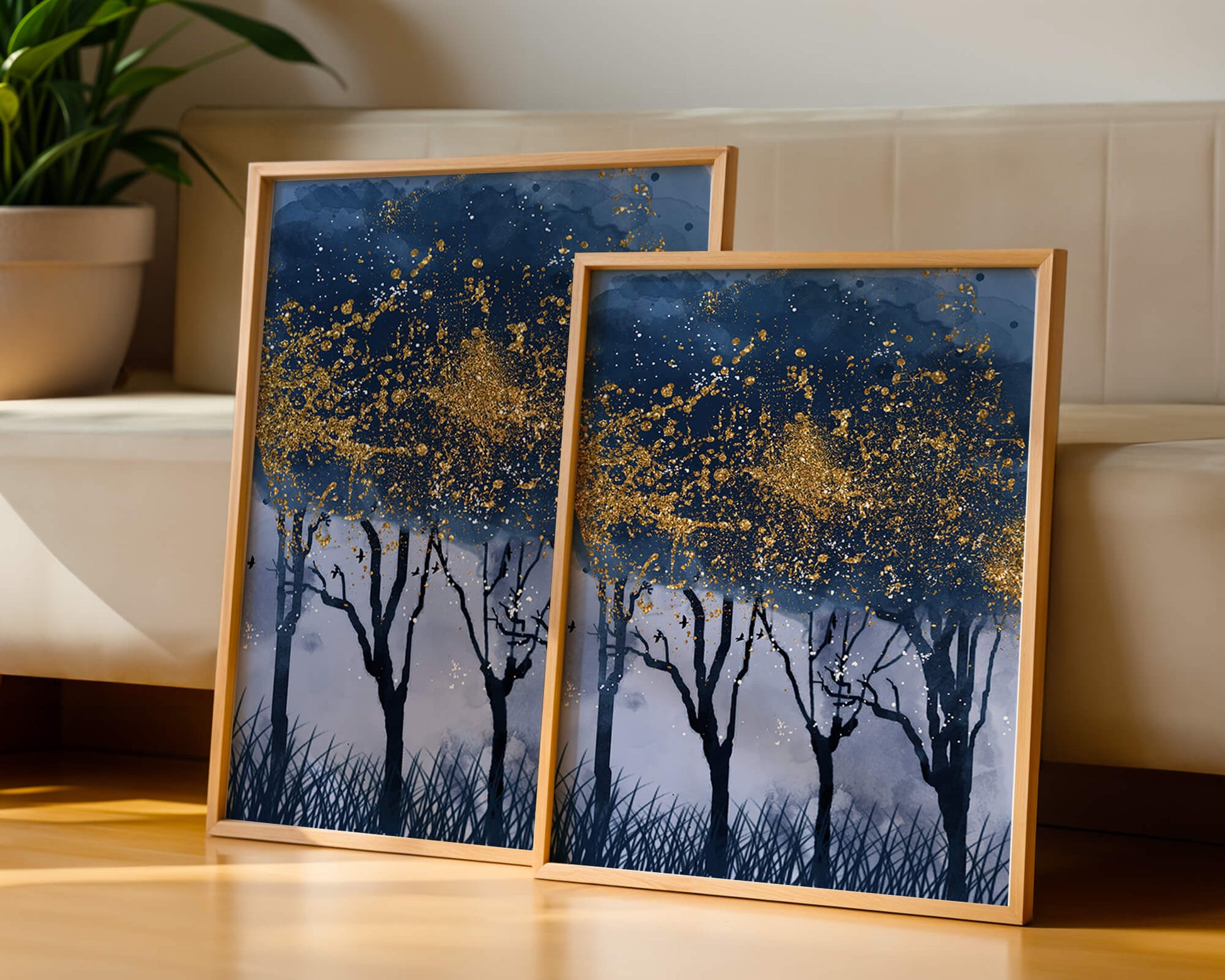 Mystical forest landscape with gold splatter art