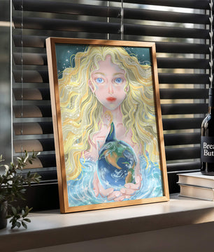 Fantasy artwork of woman holding earth with shimmering details