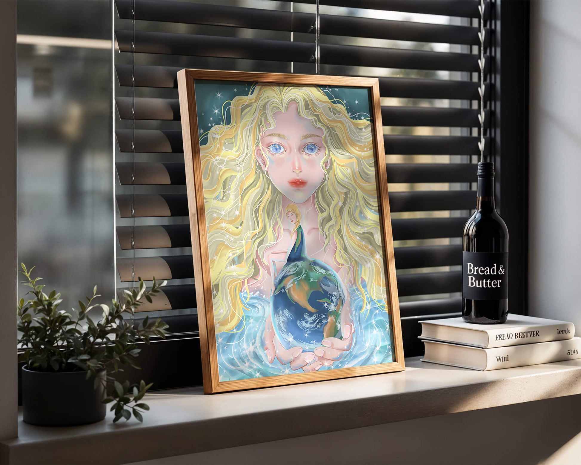 Fantasy artwork of woman holding earth with shimmering details
