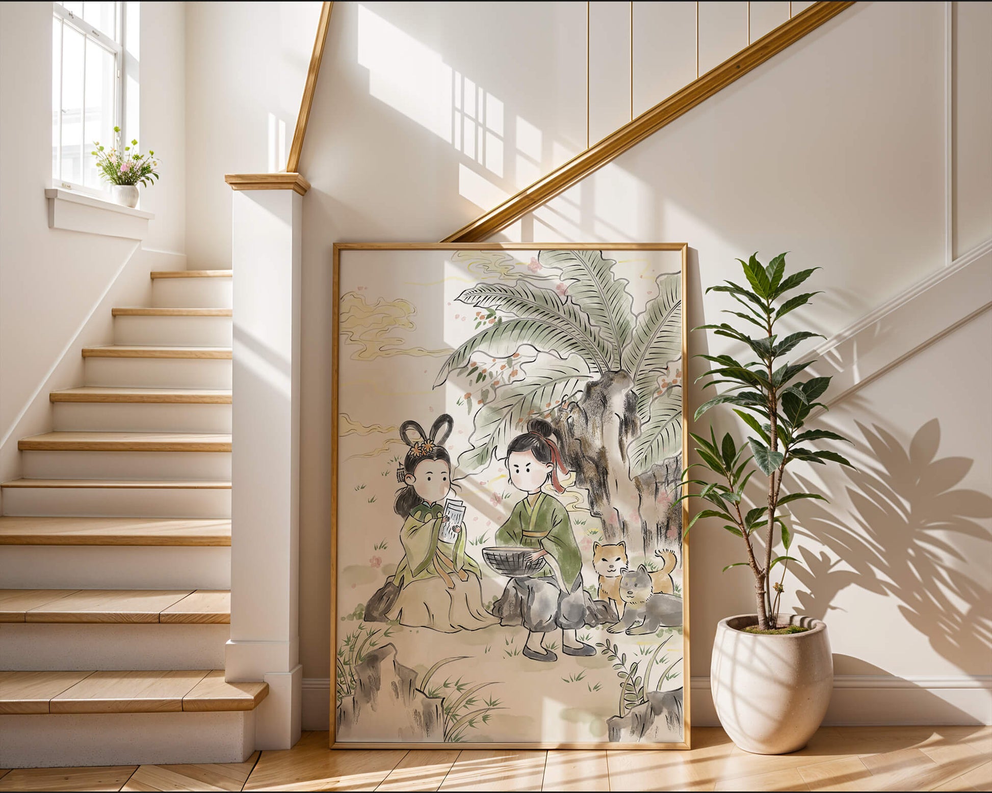 Arte asiático tradicional con dos personas y perros bajo un árbol