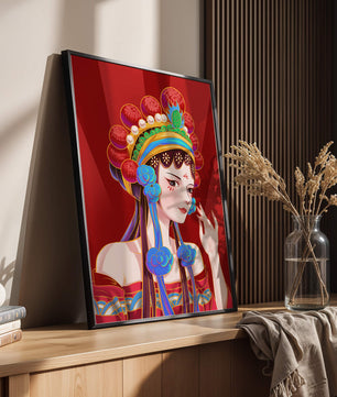 Traditional Asian art depicting stylized woman with ornate headdress