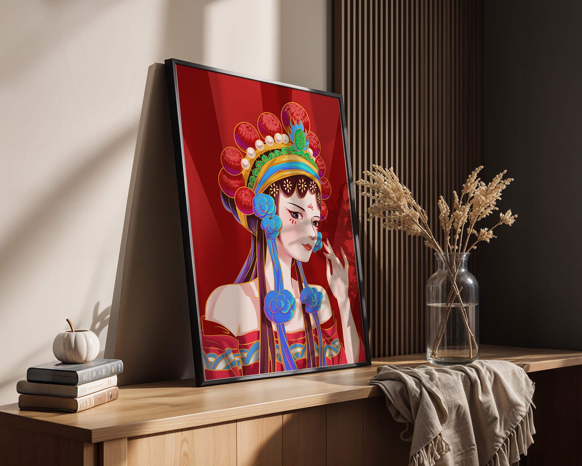 Traditional Asian art depicting stylized woman with ornate headdress
