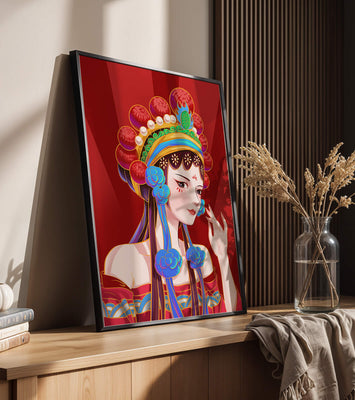 Traditional Asian art depicting stylized woman with ornate headdress