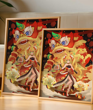 Colorful anime-inspired scene with a lion dance and festive character
