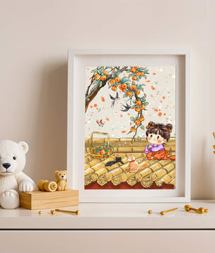 Charming illustration of a child with cats on a rooftop beneath a fruit tree