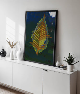 Abstract digital artwork featuring a vibrant multicolored leaf