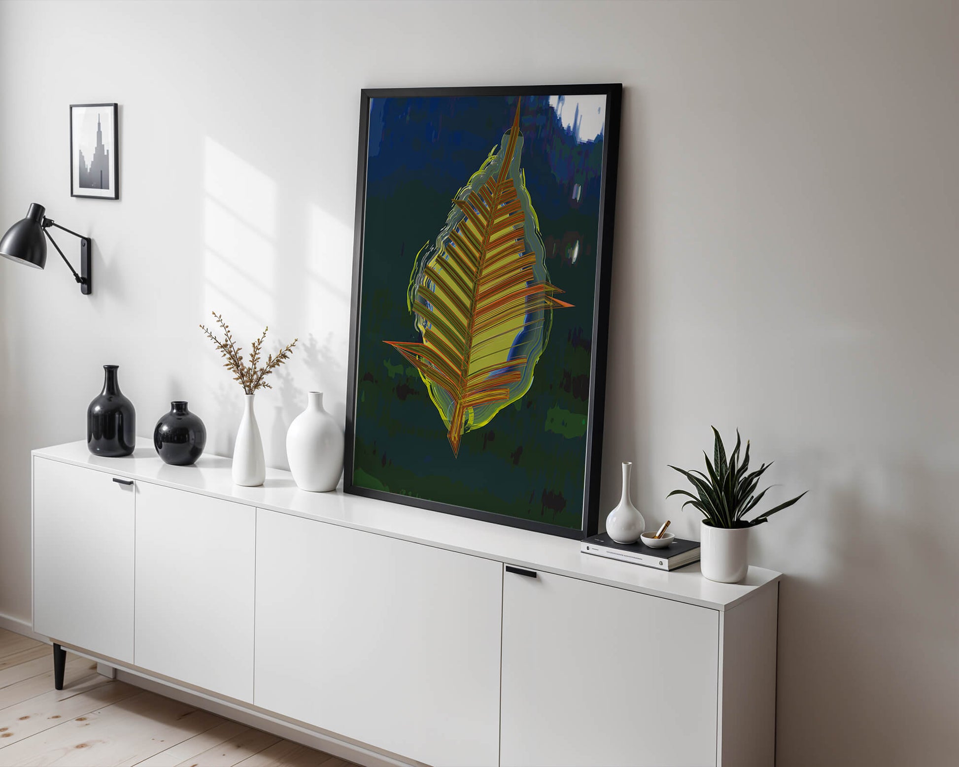Abstract digital artwork featuring a vibrant multicolored leaf