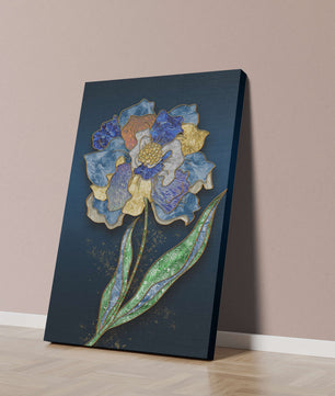Diseño floral texturizado y colorido con contornos dorados sobre fondo oscuro