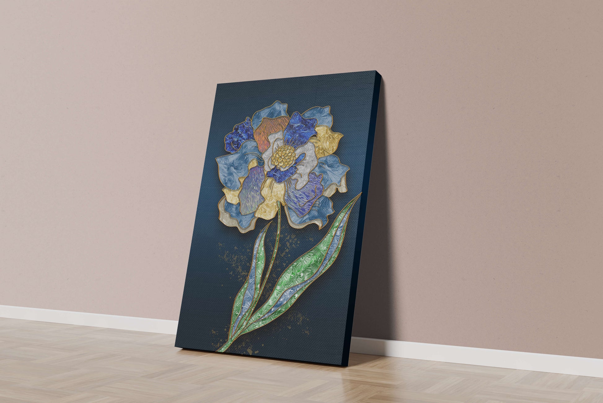 Diseño floral texturizado y colorido con contornos dorados sobre fondo oscuro