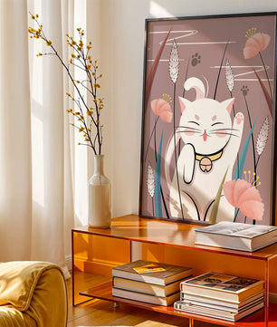 Ilustración de un gato maneki-neko en un entorno de jardín floral