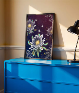 Lotus Flowers and Butterflies in a Starry Night Sky with Gold Accents - Mi tienda