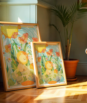 Charming watercolor illustration of lion and rabbit in a vibrant floral landscape
