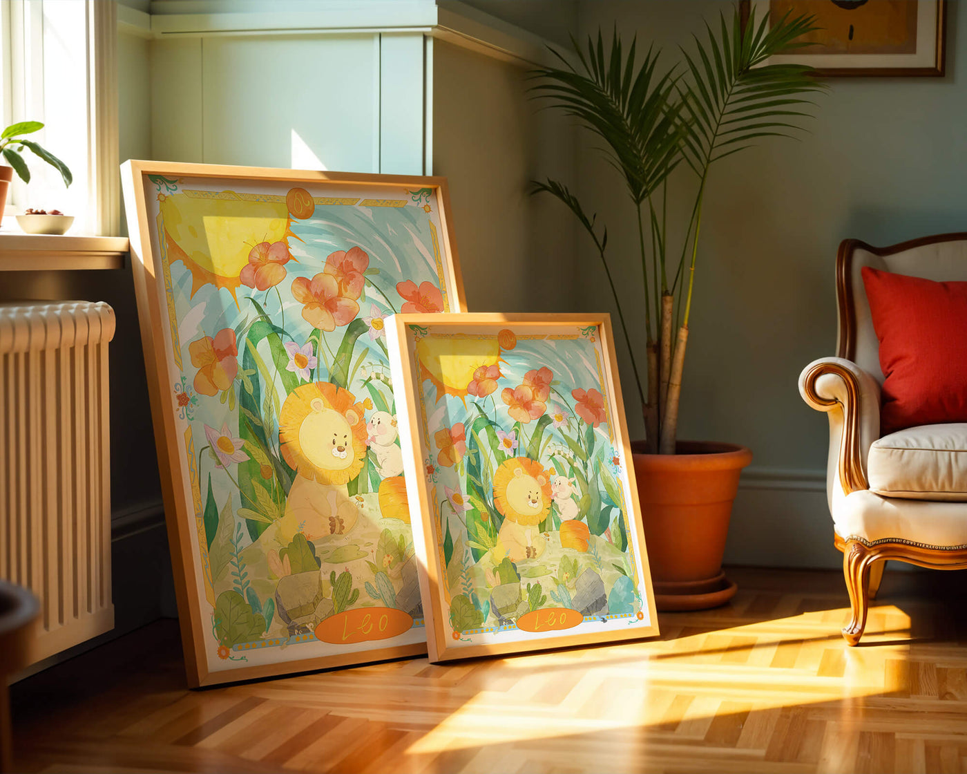 Charming watercolor illustration of lion and rabbit in a vibrant floral landscape