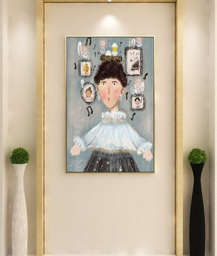 Retrato ilustrado caprichoso con elementos musicales y dorados