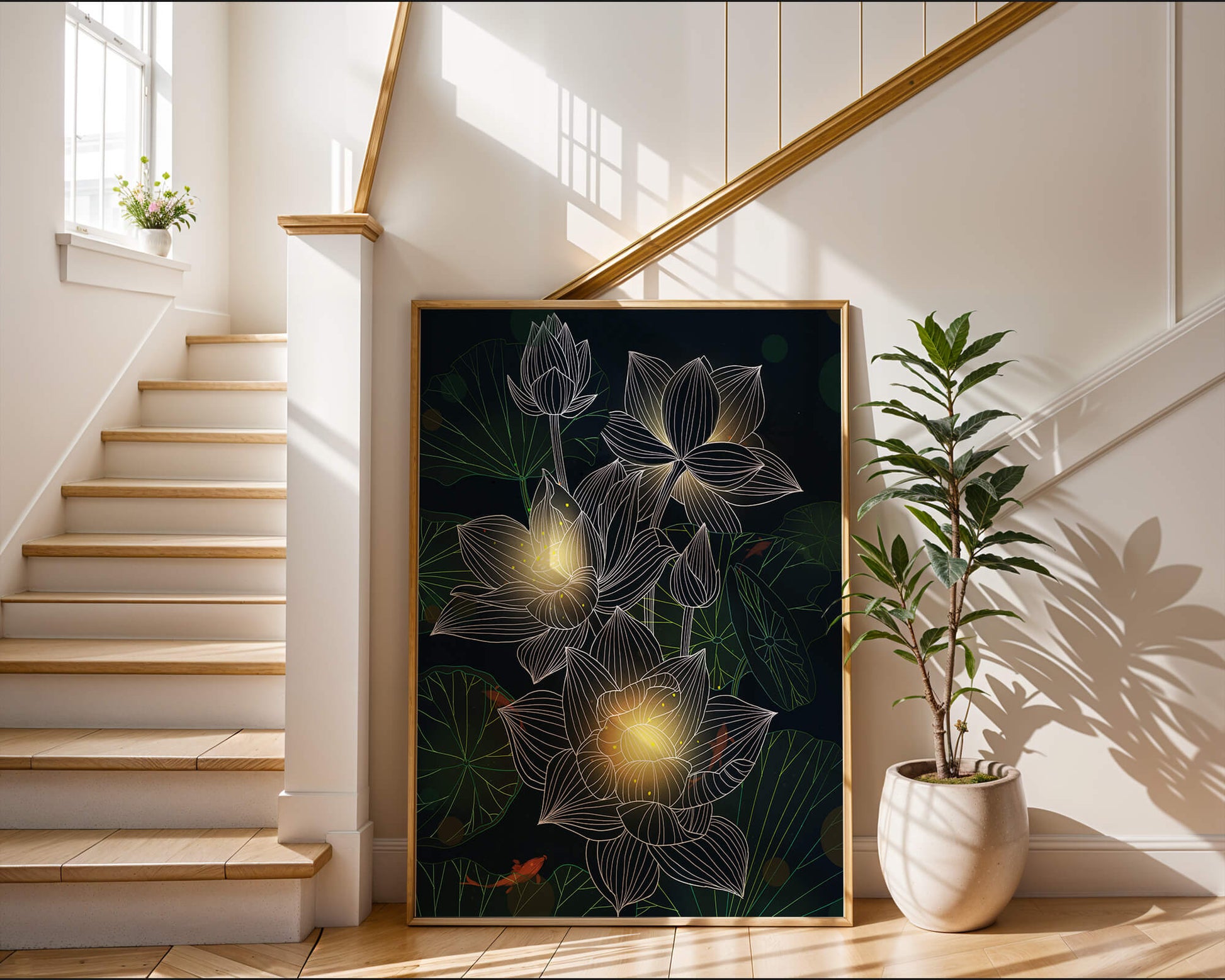 Flores de loto con detalles luminosos y peces koi bajo el agua