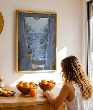 Serene seaside view from an open window with a sailboat and relaxing atmosphere