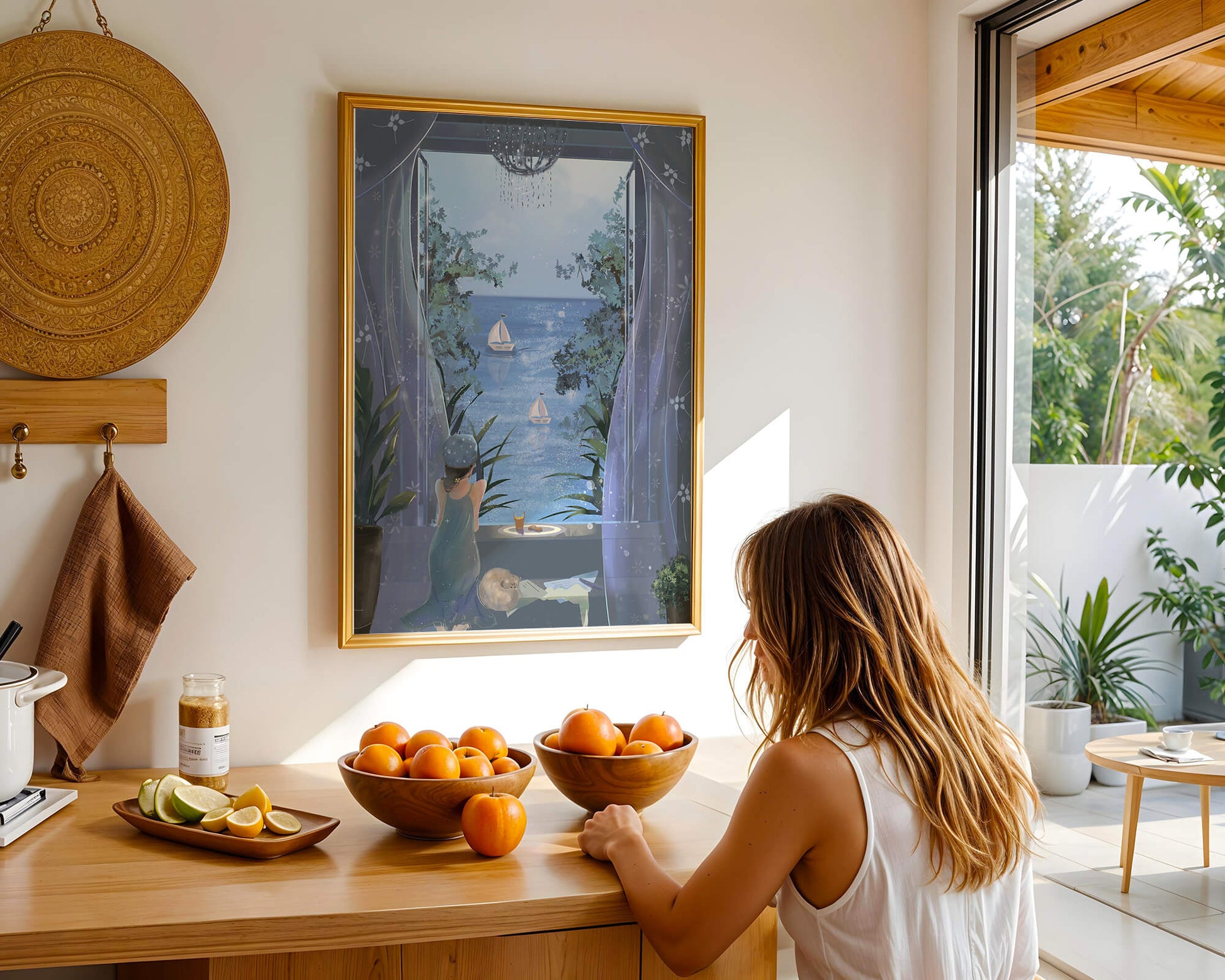 Serene seaside view from an open window with a sailboat and relaxing atmosphere