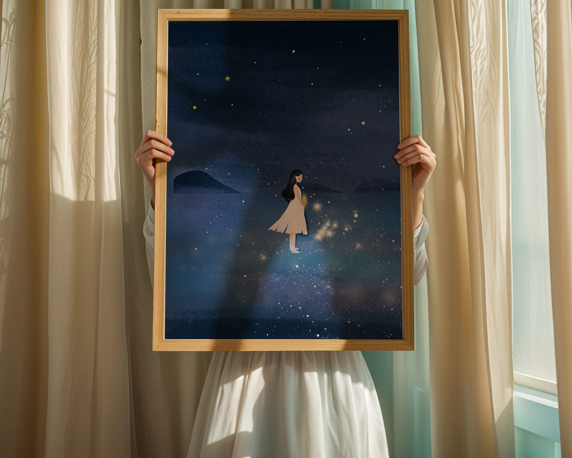 Girl in White Dress Gazing at Starry Night Sky
