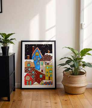 Farbenfrohe Winterstadtlandschaft mit schneebedeckten Häusern im Cartoon-Stil