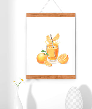 Illustration of a refreshing orange juice with fresh oranges and splash