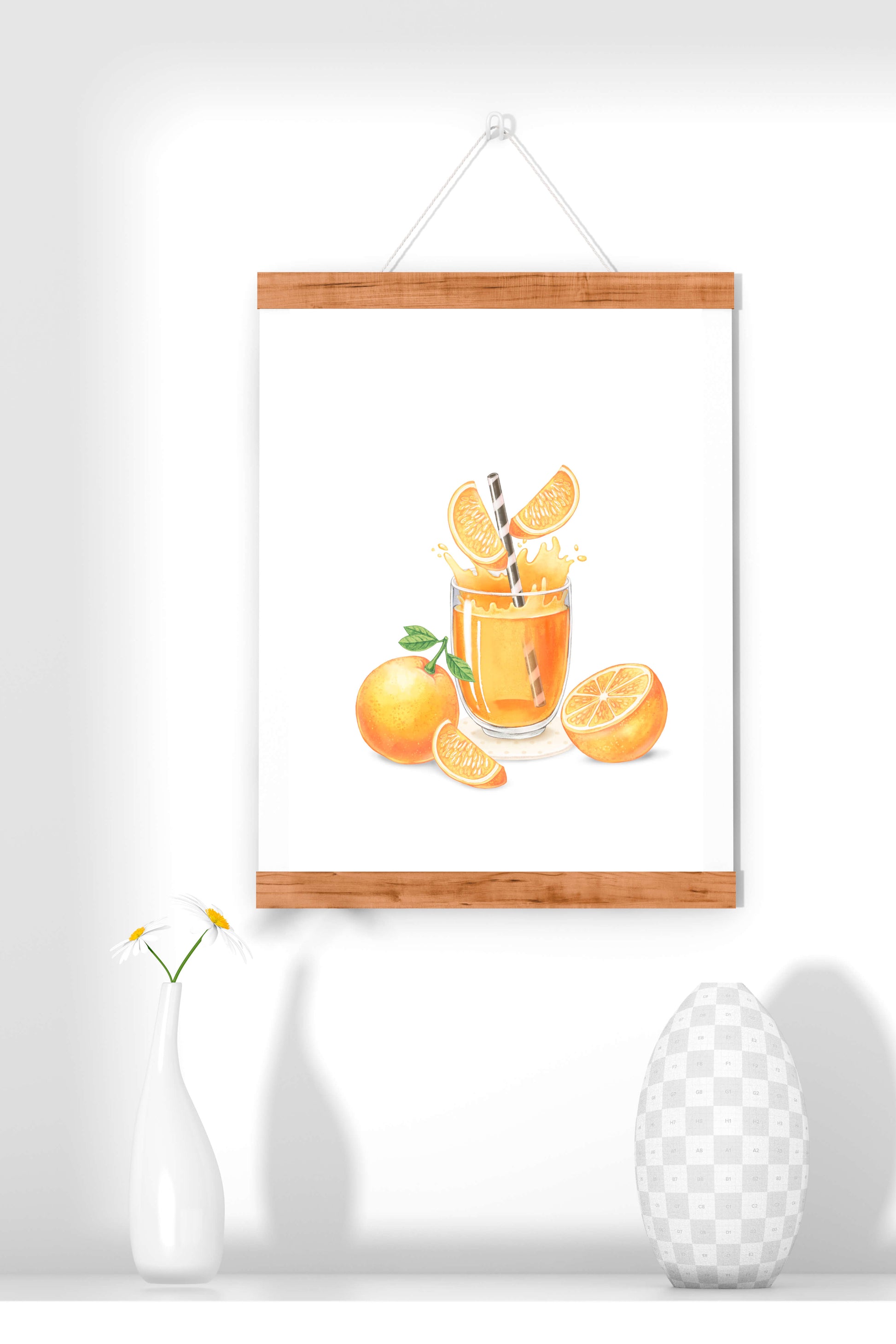 Illustration of a refreshing orange juice with fresh oranges and splash